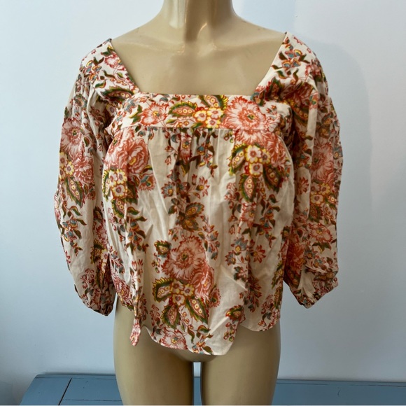 Loeffler Randall Rory Floral Peasant Top Sz XS Puff Sleeves Lightweight Blouse - Picture 1 of 6